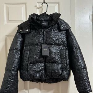 Versace Black Hooded Textured Padded Puffer Jacket